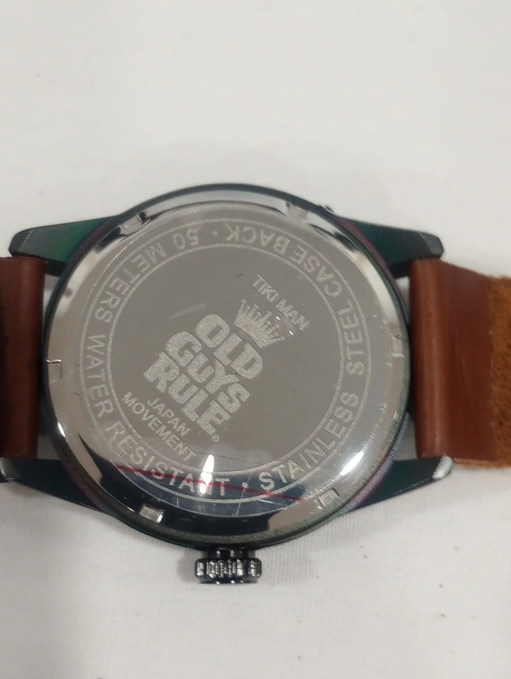 Old Guys Rule Tiki Man Watch.Brown Leather Strap Timeless Pieces (New)